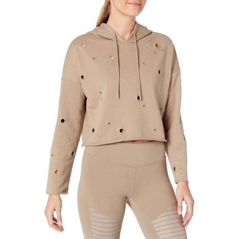 Alo Yoga Glimpse Hoodie‎ Tan Cropped Grommet Cutout Sweatshirt Womens XS